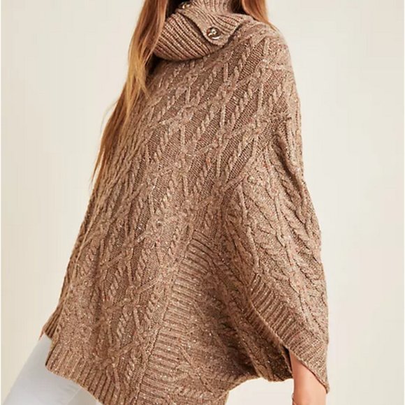 Anthropologie XS NWT Corinne Cable Knit Poncho Sweater Taupe Tan - Picture 7 of 8